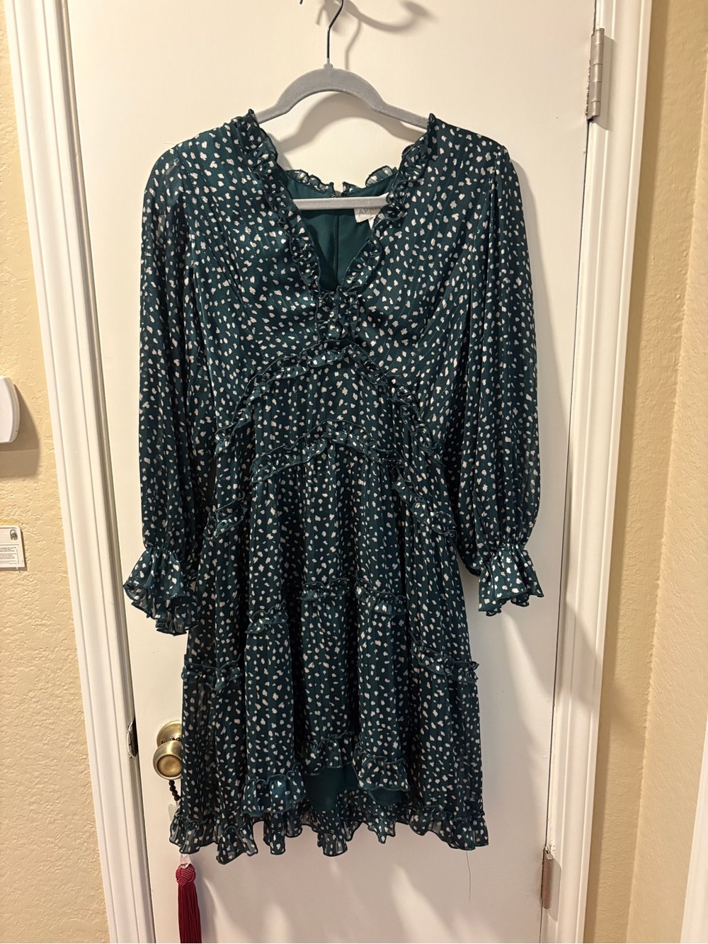 APRICOT Deep Green Long Sleeve Ruffle Tiered Mini Dress with White Dot Print